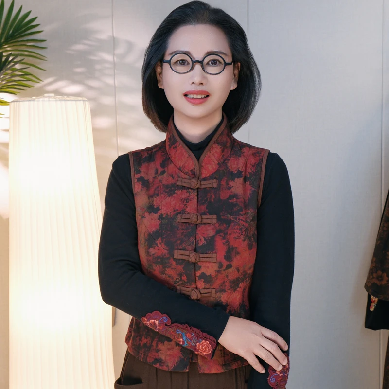 新中式立领盘扣单层秋款休闲马甲优雅时尚妈妈装2504
