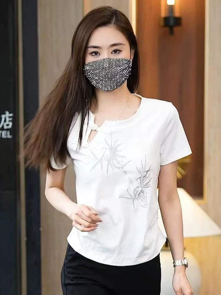 【慕妍专属】2437（衣长56）新中式盘扣刺绣短袖T恤