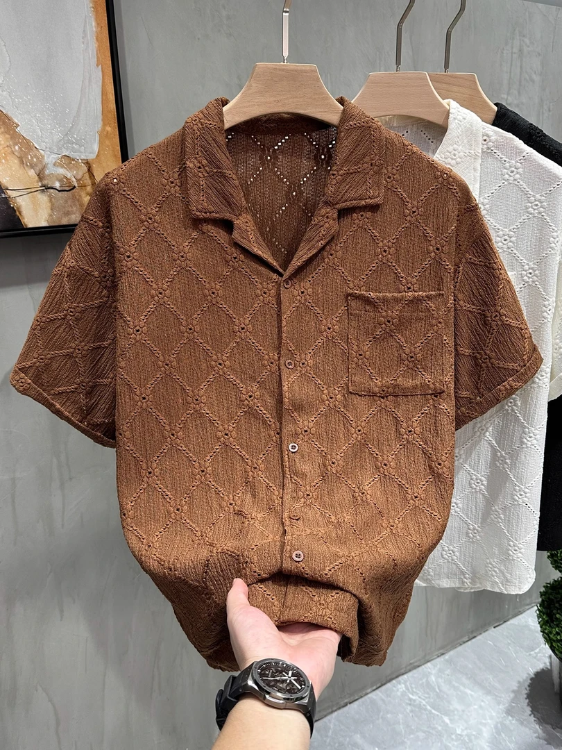 古巴领镂空复古高级感短袖衬衫男款夏季高街痞帅衬衣设计感半袖