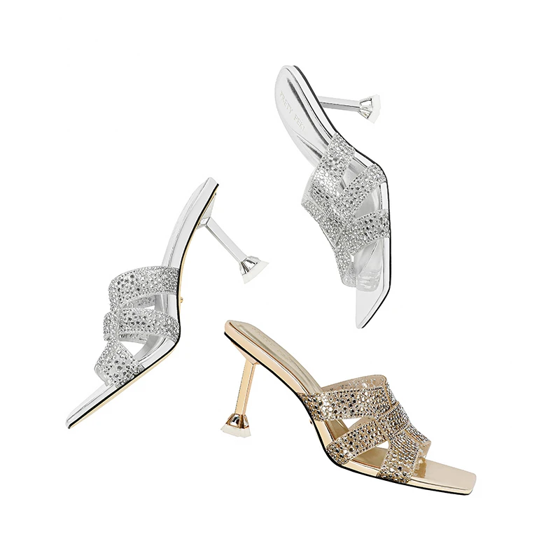 【跟高7cm】2025年夏季新款方头细跟高跟水钻一字带凉鞋女