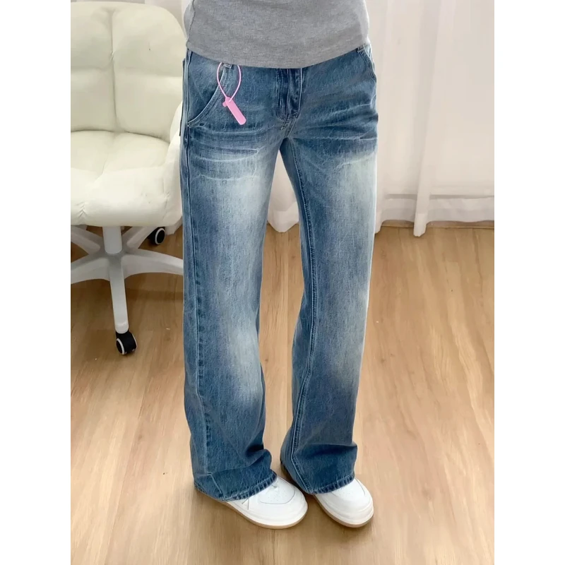 水洗做旧直筒牛仔裤女高腰显瘦大码胖mm小个子夏季薄款垂感阔腿裤