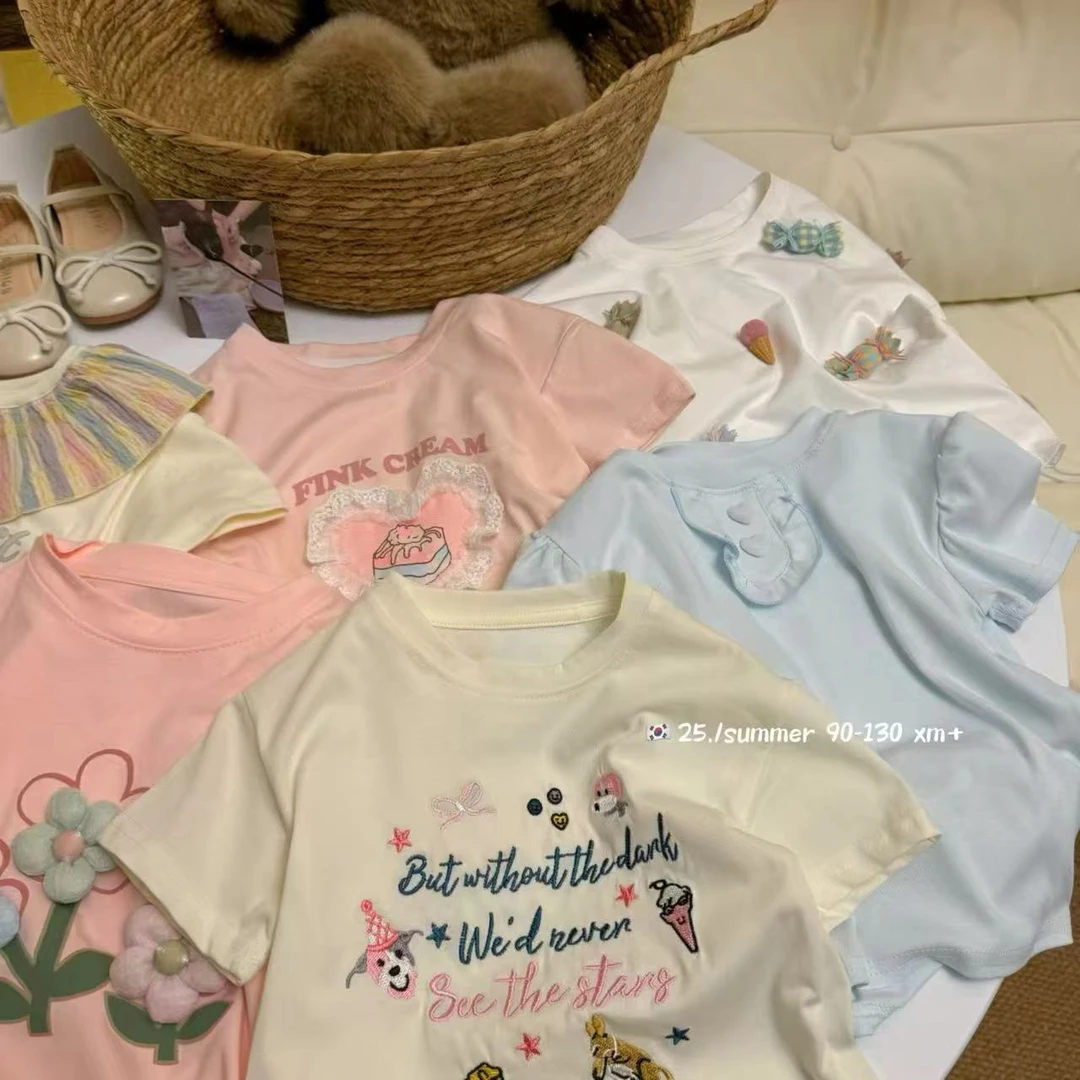 2025年儿童短袖T恤夏季拼色时尚女童休闲半袖宽松印花圆领