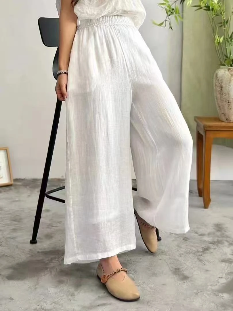 苎麻双层裤女2025夏季新中式文艺休闲阔腿裤高腰宽松复古直筒裤