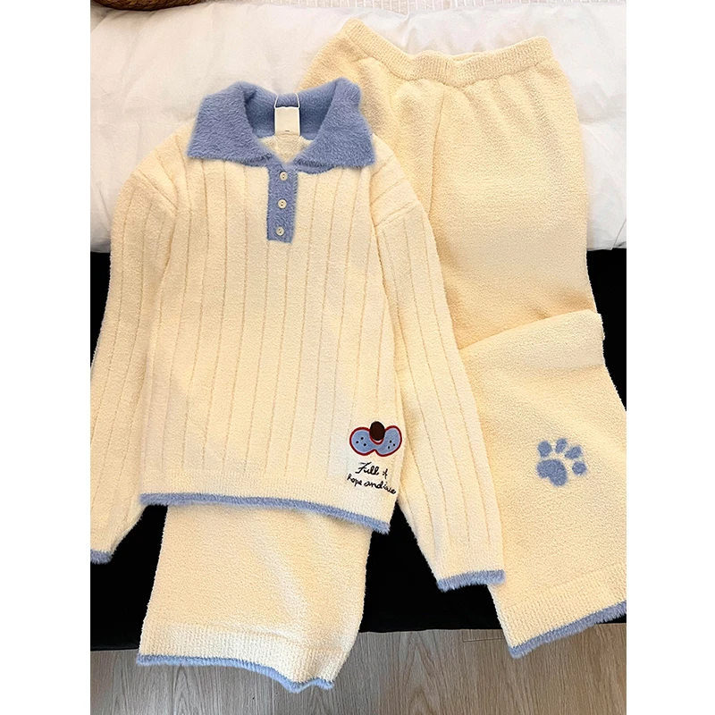 韩系甜美休闲半边绒睡衣女秋冬卡通少女长袖长裤可外穿家居服套装