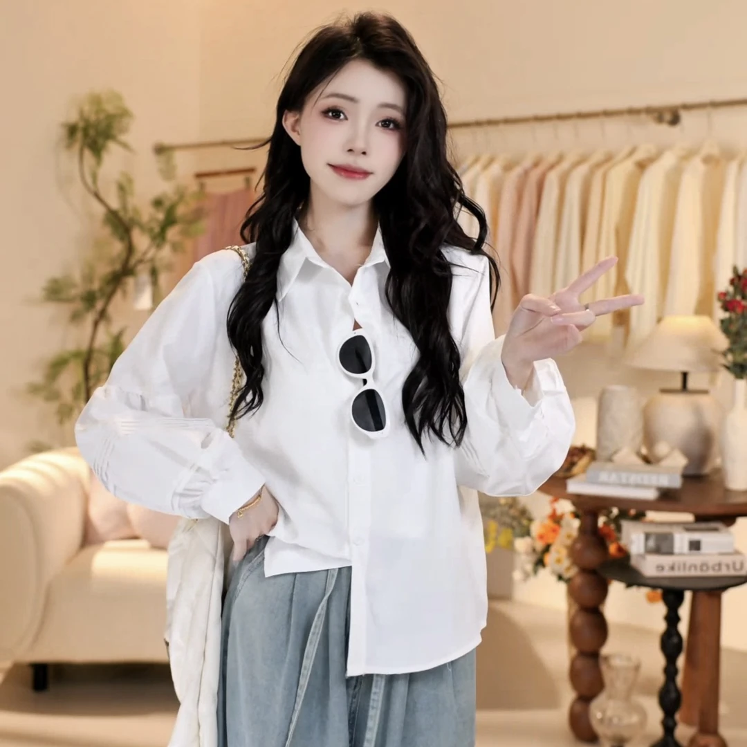 2025新款时尚白色Polo领长袖衬衫女春季新款百搭设计感衬衣328