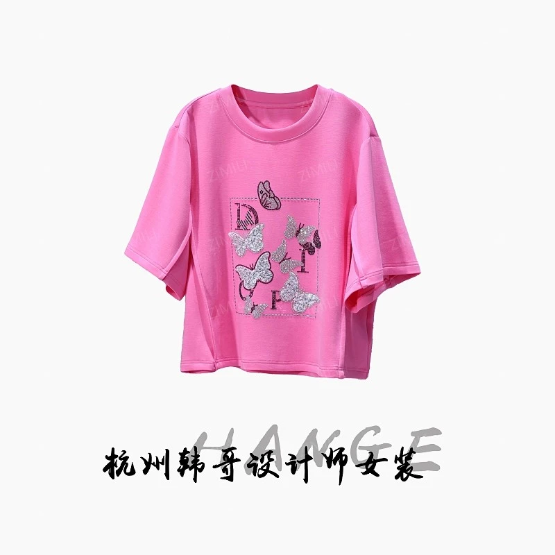 【韩哥女装】2025欧版《锦华》设计师粉色蝴蝶烫钻休闲短袖8038-C8