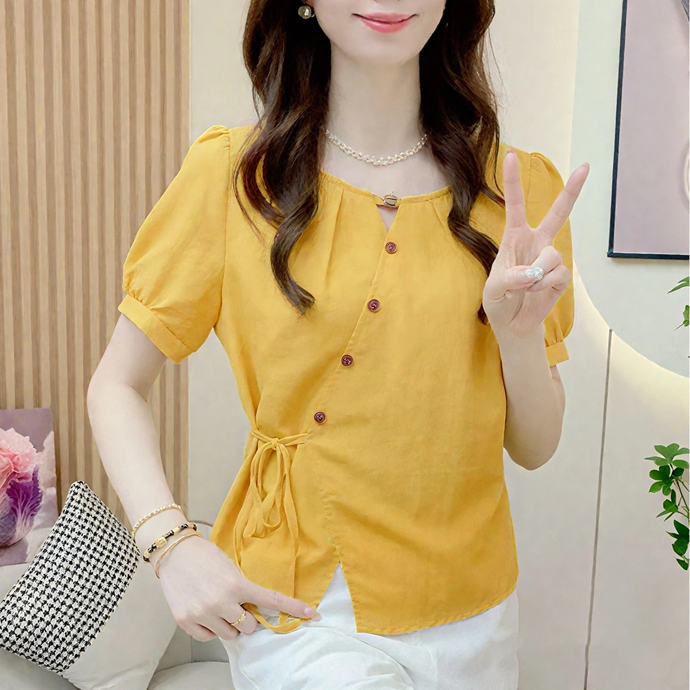 大码女装显瘦宽松设计感时尚洋气遮肚子法式系带收腰短袖衬衫上衣