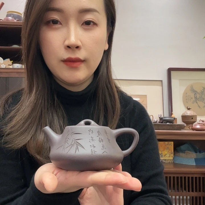 紫砂茶壶.*定制石瓢刻竹