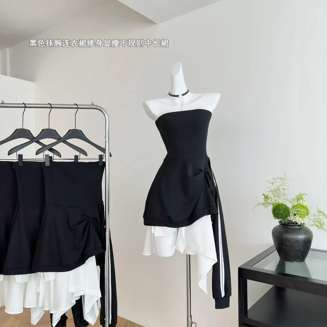 黑色抹胸连衣裙女夏新款修身显瘦不规则中长裙