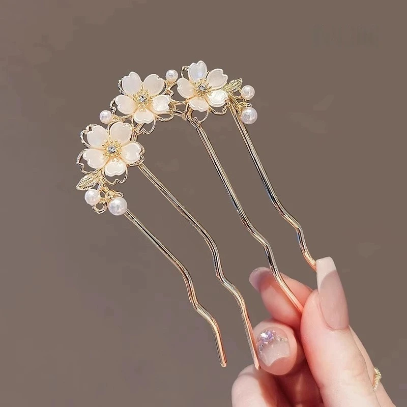 森系珍珠u型花朵波浪发梳新款简约发饰后脑勺盘发发簪U型古风发饰