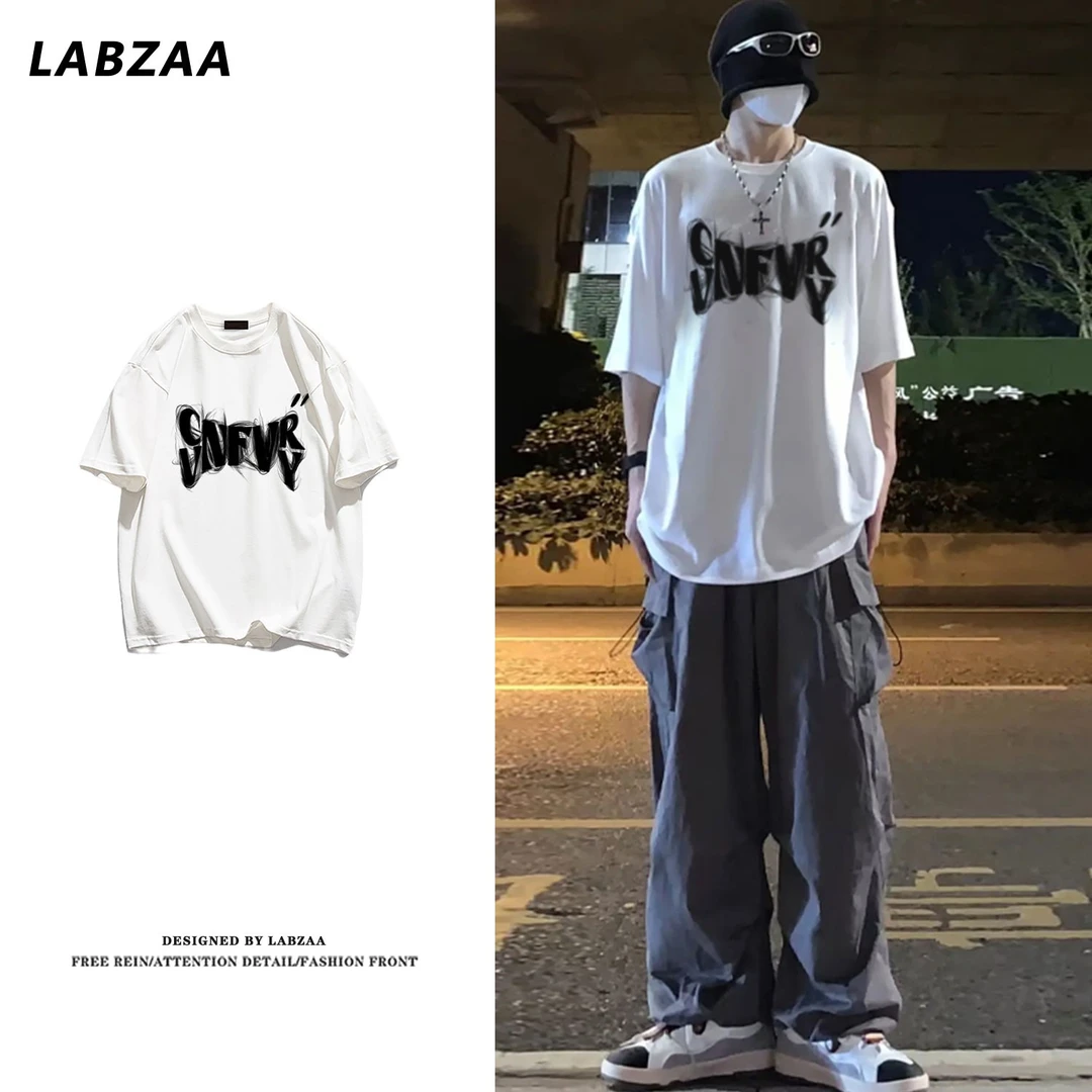 labzaa美式潮牌水墨字母印花纯棉短袖T恤男女夏季休闲情侣款上衣