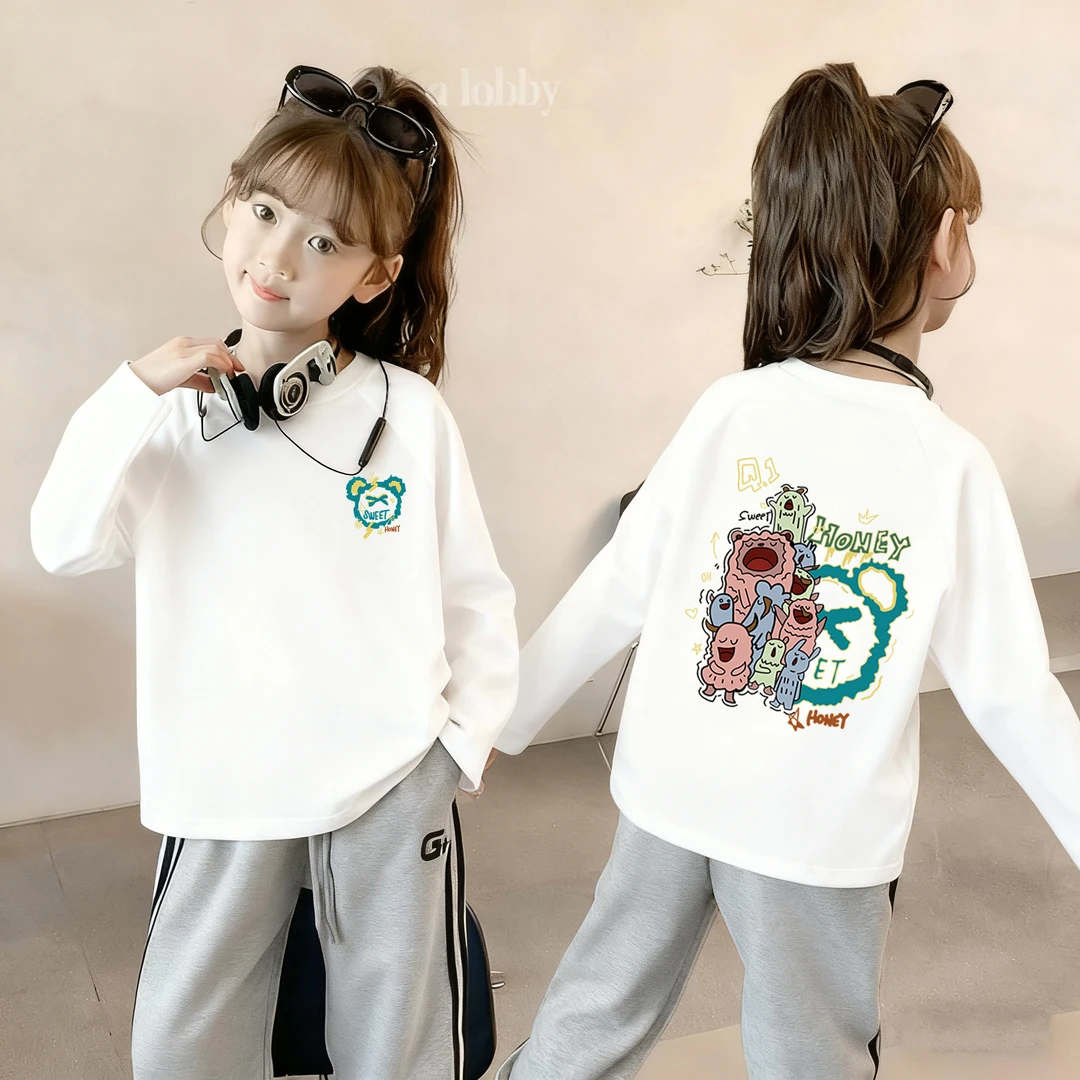 女童春秋款长袖t恤2025新款中大童装洋气白色打底衫纯棉圆领上衣