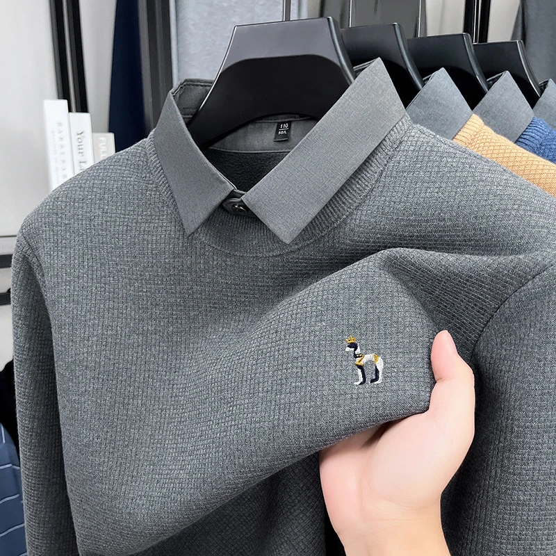 高端新品男士假两件秋冬季新款休闲纯色翻领打底衫男含羊毛衫