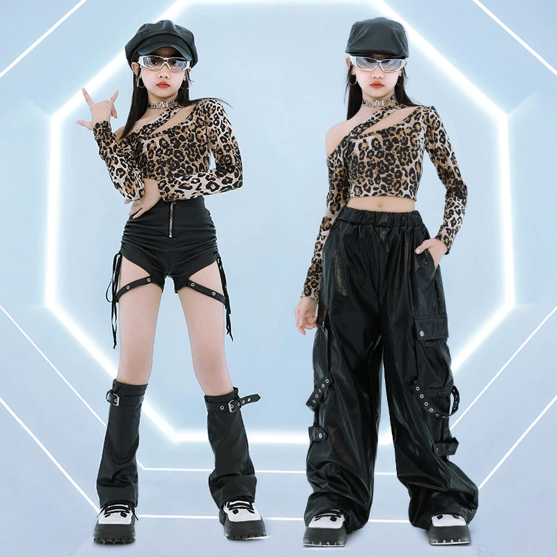 女童爵士舞演出服女团时髦豹纹上衣T台走秀潮服女孩现代舞街舞服