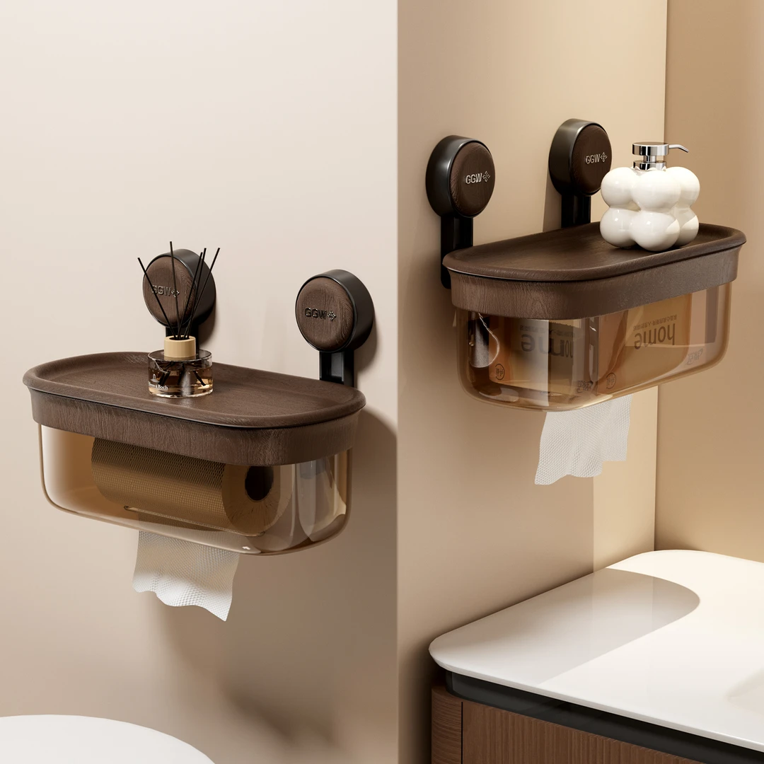 橱明星吸盘卫生间厕纸盒壁挂免打孔卷纸收纳篮木纹浴室防水纸巾盒