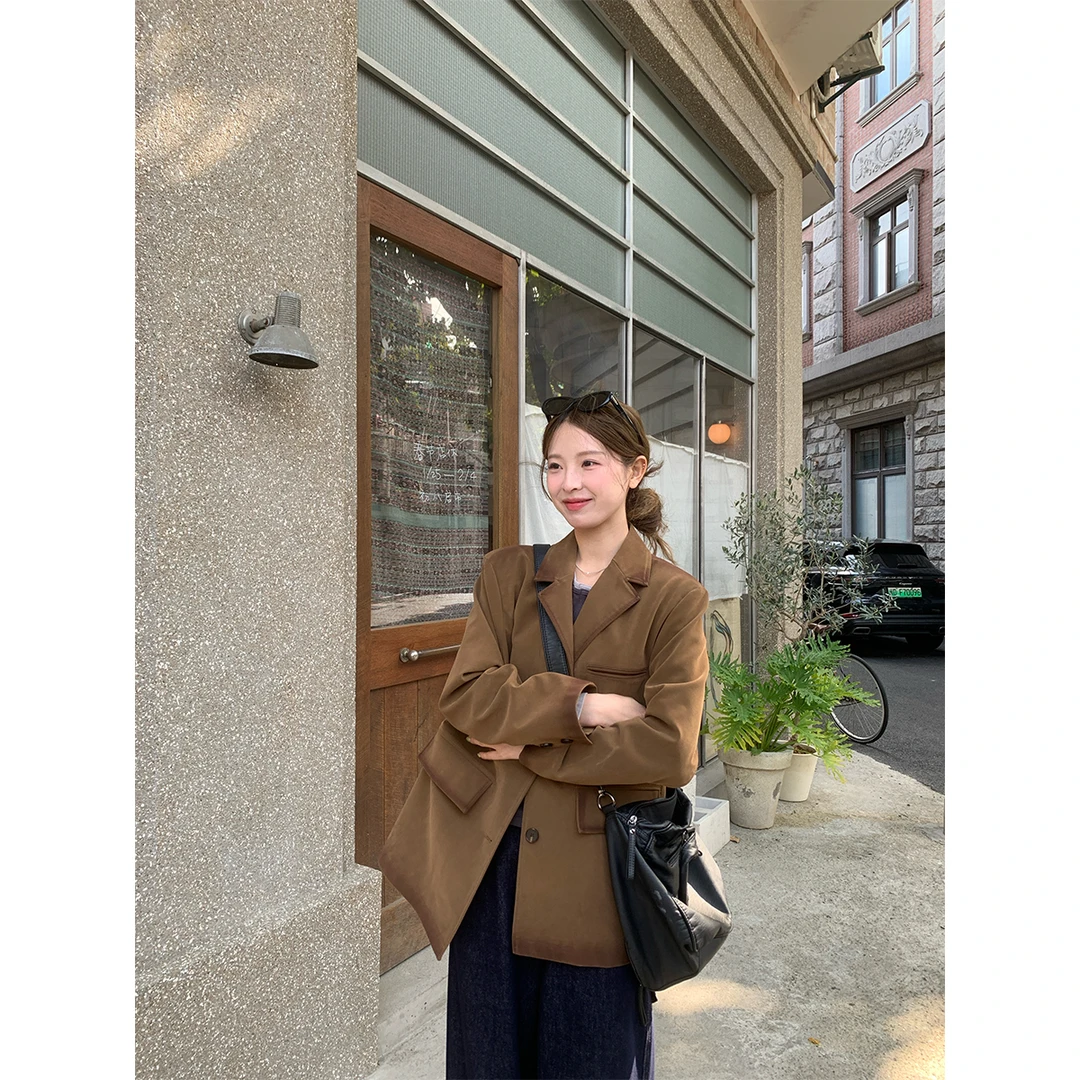 RAINY复古时髦擦色西装春秋女小众廓形设计感西服宽松百搭外套