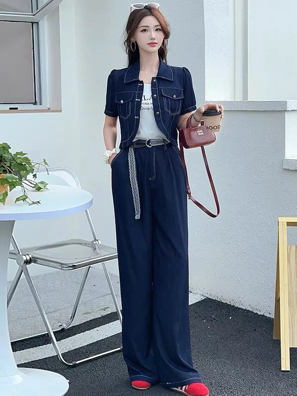 妮妮家25096高级感夏洋气短袖外套吊带阔腿裤三件套