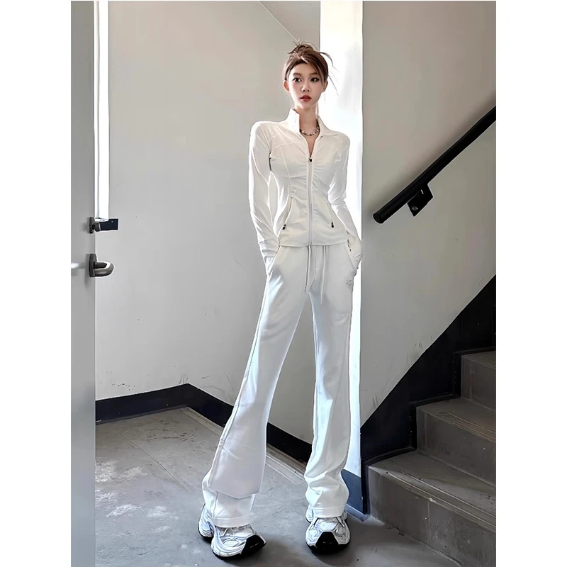 美式显瘦立领休闲白色运动套装女春夏收腰上衣高腰微喇裤两件套潮