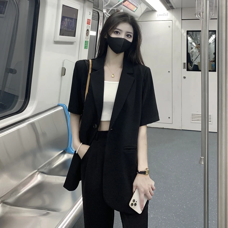 夏季西装外套女夏天薄款2025新款黑色显瘦短袖职业装大码休闲西服