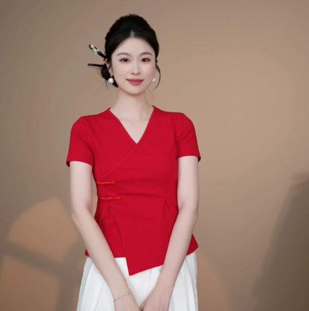 小井定制私服【红袖添香】2025复古新中式红色设计款T恤J25W257