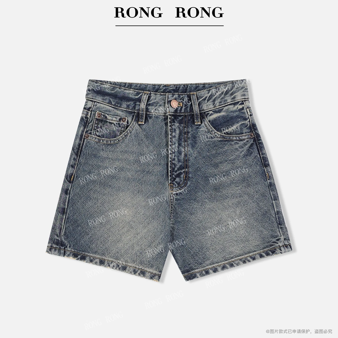 溶溶【复古回潮】RONGRONG100棉高腰剪裁美式复古休闲牛仔短裤Q5388
