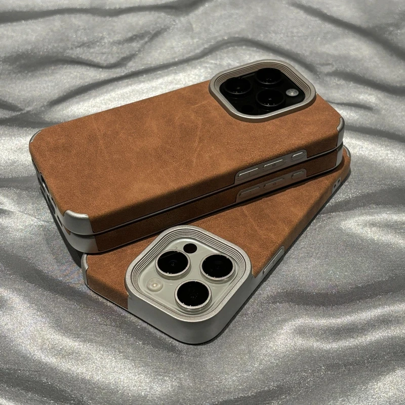 复古皮质苹果16promax手机壳适用15新款电镀iphone14创意13高级感