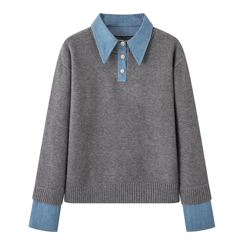 诗家商场同款2025秋冬款牛仔拼接POLO领灰色假两件针织衫毛衣2041