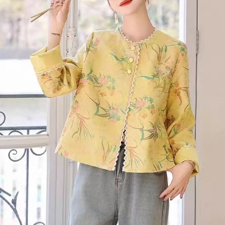 【春兰秋菊】早秋新中式国风织锦提花圆领蕾丝拼接碎花宽松外套女