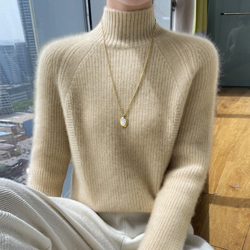 秋冬正品羊毛衫女新款半高领落肩长袖毛衣宽松显瘦内搭针织打底衫
