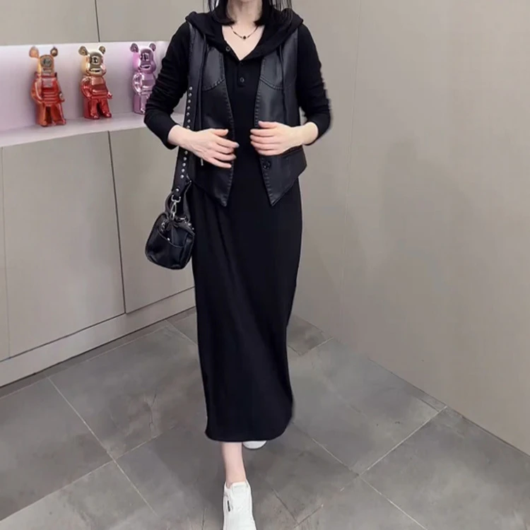 时尚套装女2025春秋新款百搭马甲连帽卫衣裙休闲减龄显瘦两件套