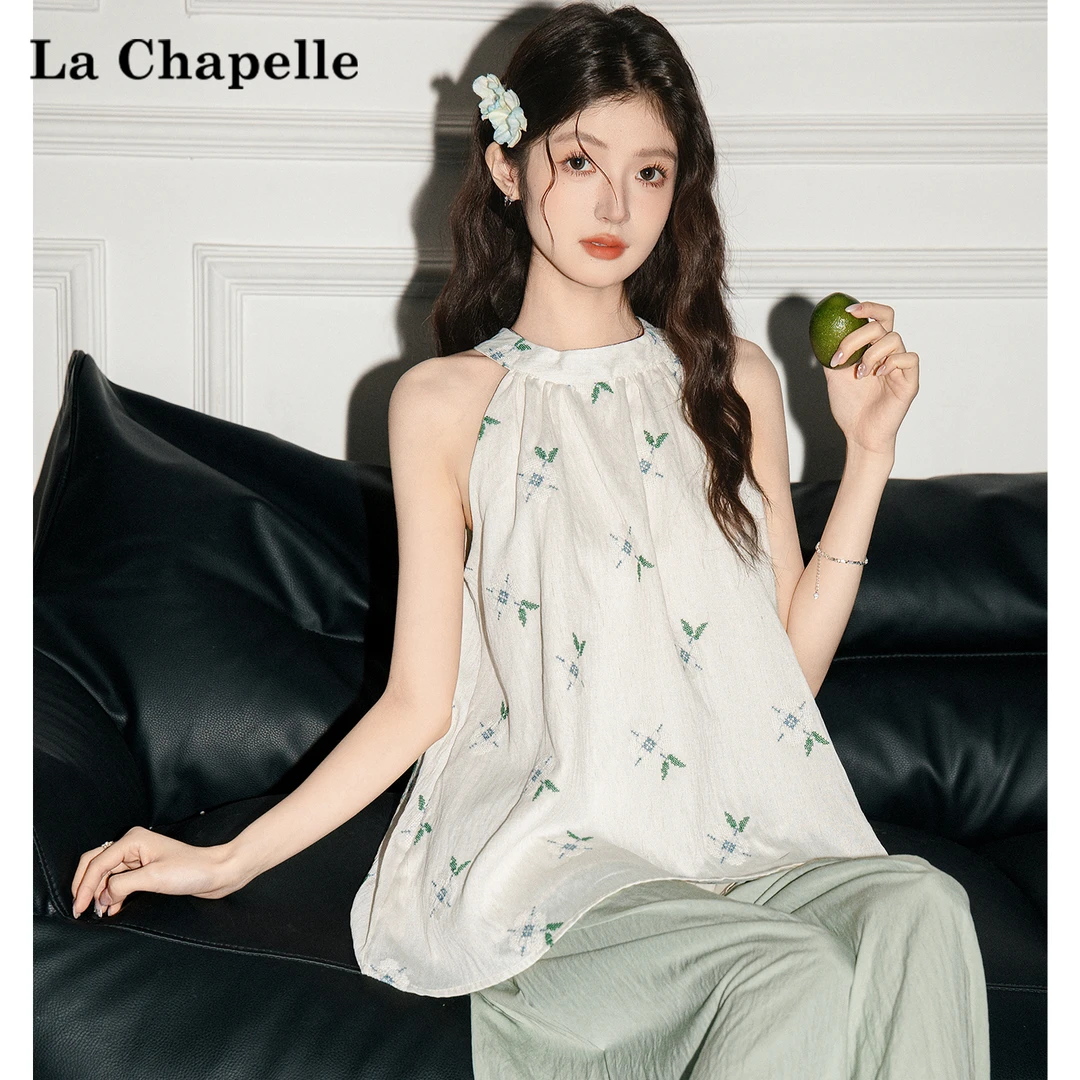 拉夏贝尔法式刺绣碎花挂脖无袖背心女夏薄款设计感高级感气质上衣
