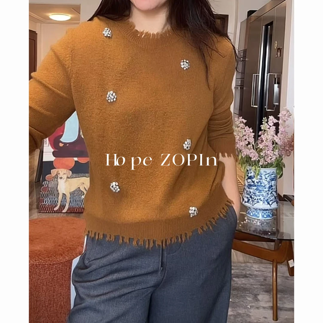 【大G精选】“叠搭延伸” 设计感羊毛流苏磨毛边钉钻打底衫上衣