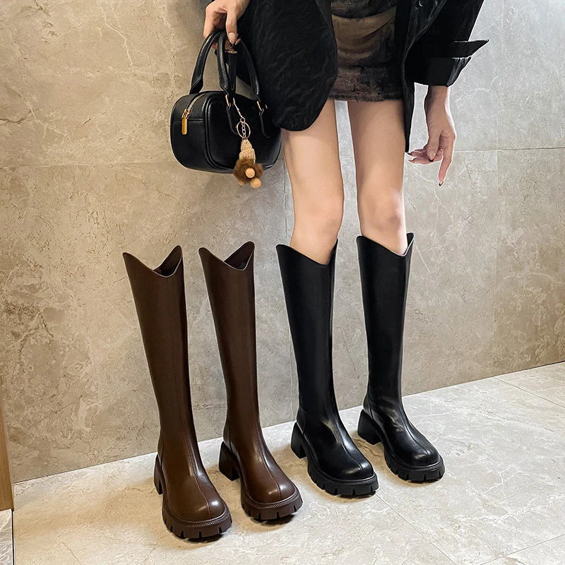 V口长筒靴女不过膝骑士靴女秋冬季新款显瘦圆头厚底高筒百搭长靴