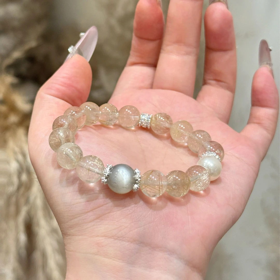 日冕 | 透体金发晶银月光爆闪珍珠水晶手链 显贵高级闺蜜生日礼物