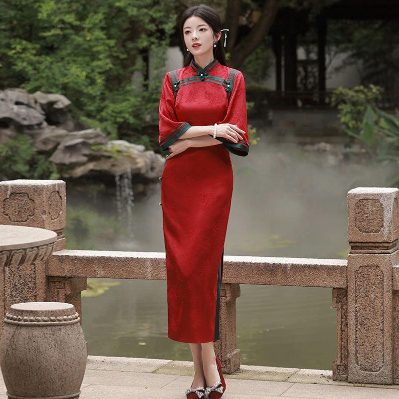 HA2677红色双襟倒大袖中式长款改良旗袍年轻款女国风复古修身中长