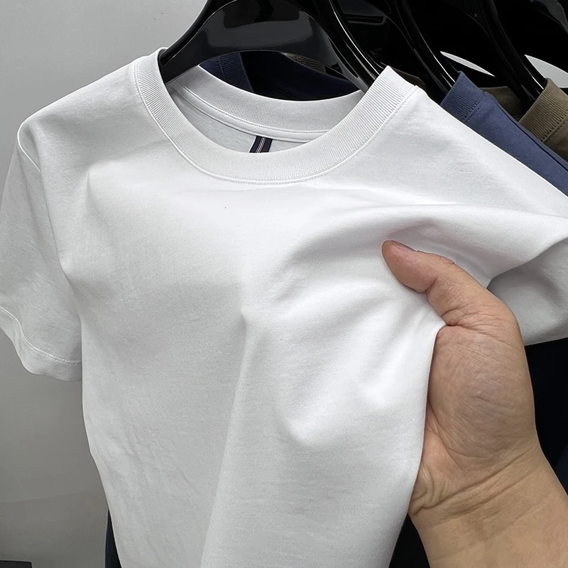 CATIA SELI净版纯色短袖T恤男士圆领夏季100%纯棉半袖简约白色