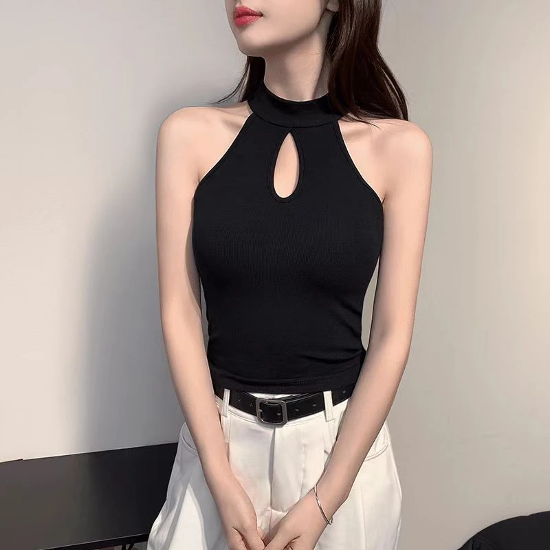 少女风法式吊带法式螺纹黑色挂脖背心韩版镂空辣妹慵懒风打底衫女