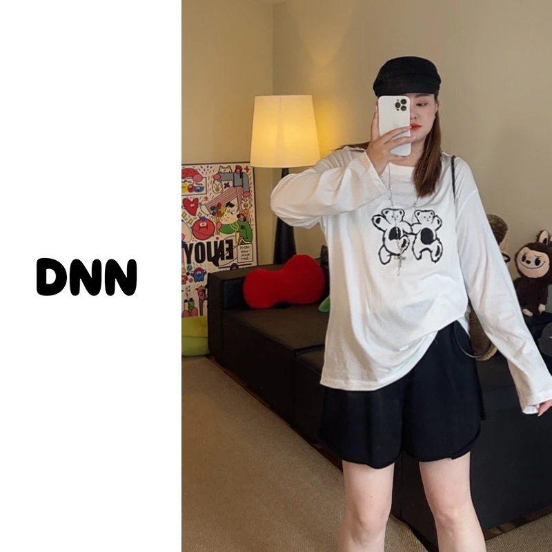 现货【大妮妮】大码爱心小熊2025新款印花圆领薄款休闲长袖T恤4602