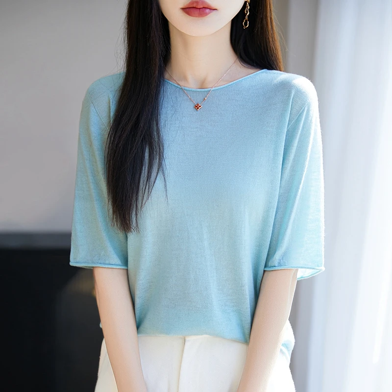 一线成衣无缝精纺水溶羊毛衫短袖薄款圆领上衣简约半袖针织打底衫