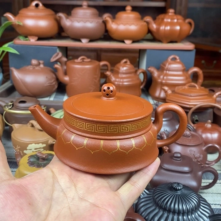 紫砂茶壶禅玉230cc原矿一厂老红土紫砂描金丝特价