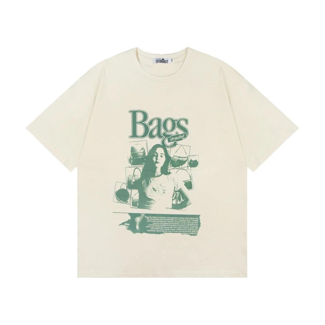 STRAWBOT 圆领日常短袖嘻哈上衣宽松复古休闲国潮ins黑色