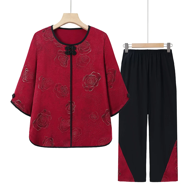 中老年人女夏季衬衫妈妈夏天宽松国风衬衣老太太衣服奶奶夏装套装