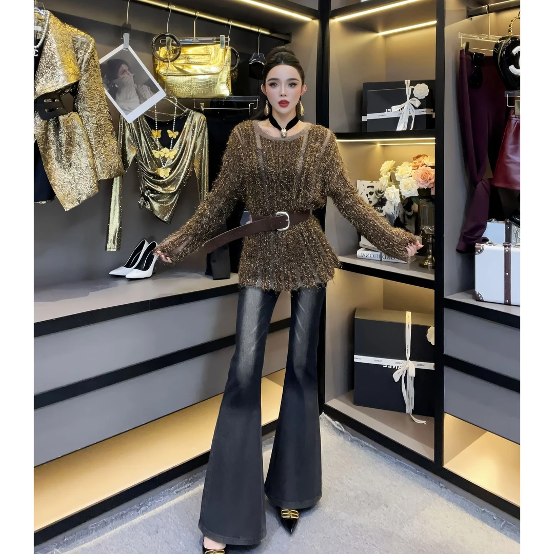 新wss女装-（无腰带）秋季新款毛毛流苏亮丝毛衣时髦洋气显瘦上衣