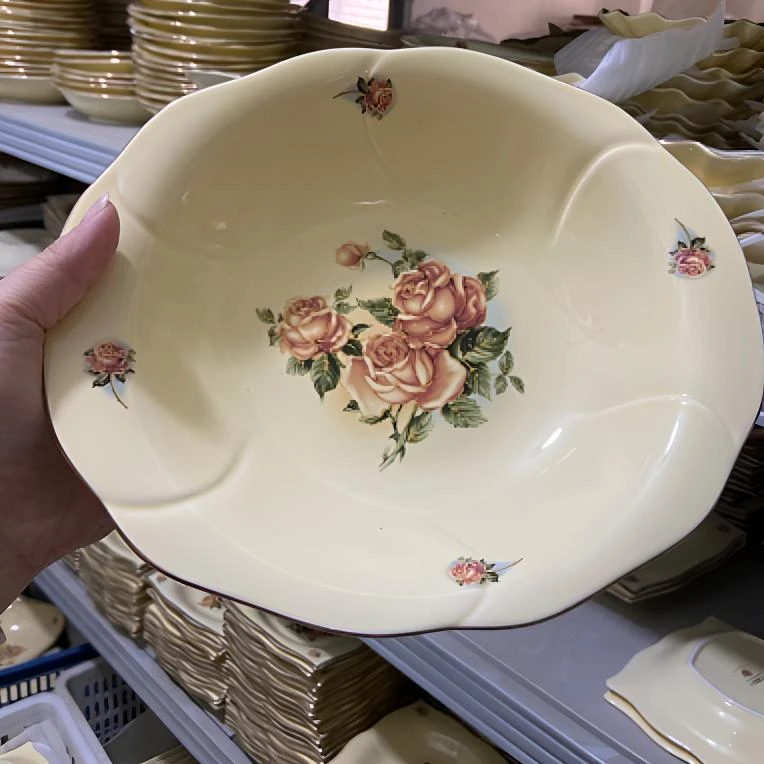 金玫瑰手绘中式创意餐盘陶瓷汤盘长24宽21深5欧式菜盘汤盘鱼盘