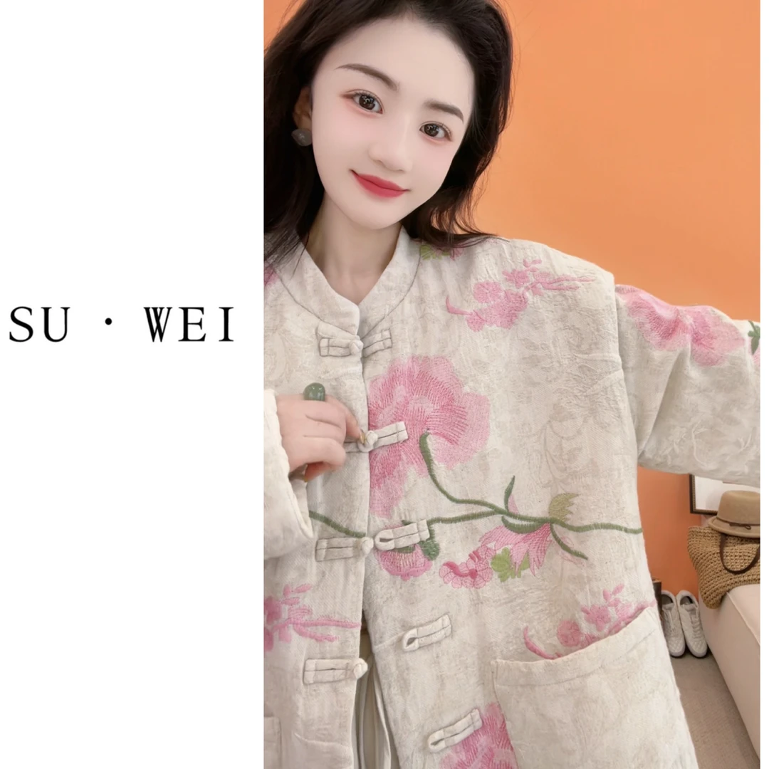 苏维【富家千金】88102长袖女圆领亚麻棉刺绣短外套提花宽松中式