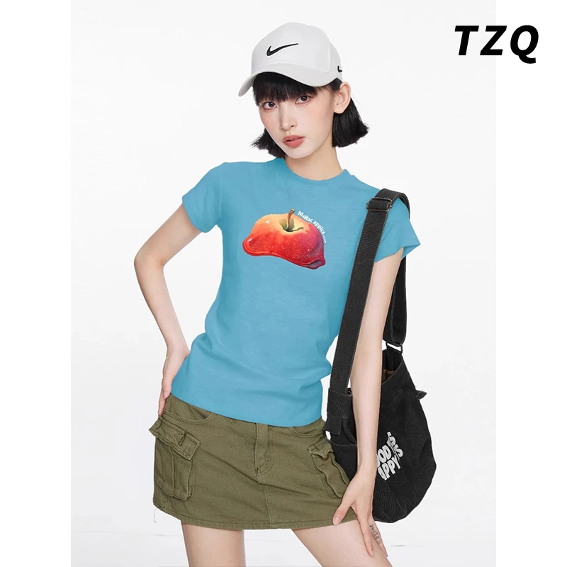 【曼曼专属】美式蓝色印花正肩短袖t恤女夏季半袖紧身显瘦短款上衣