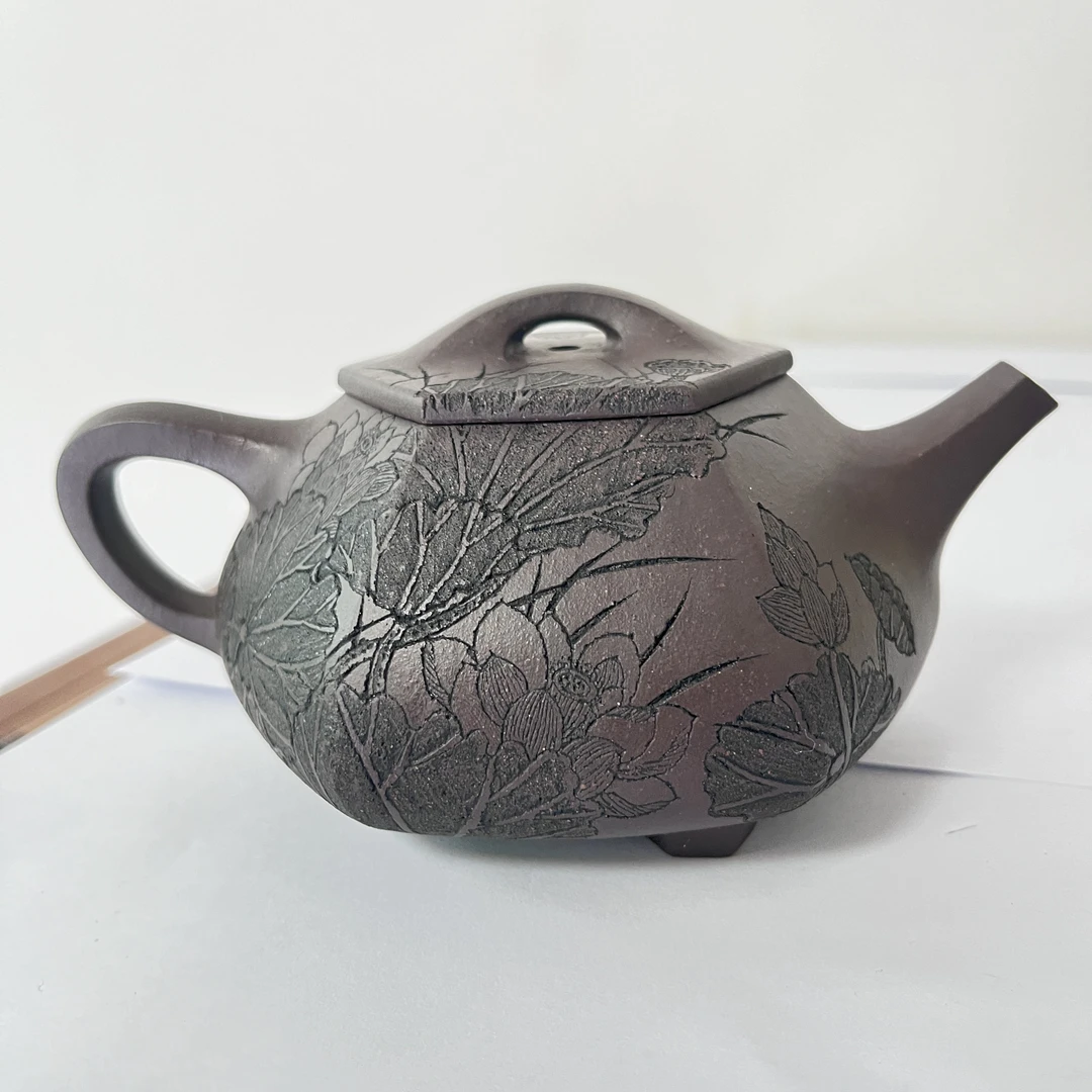 【精品紫砂】-lot030-六方满瓢-黑墩头-330cc-李立科刻绘+许悦制壶