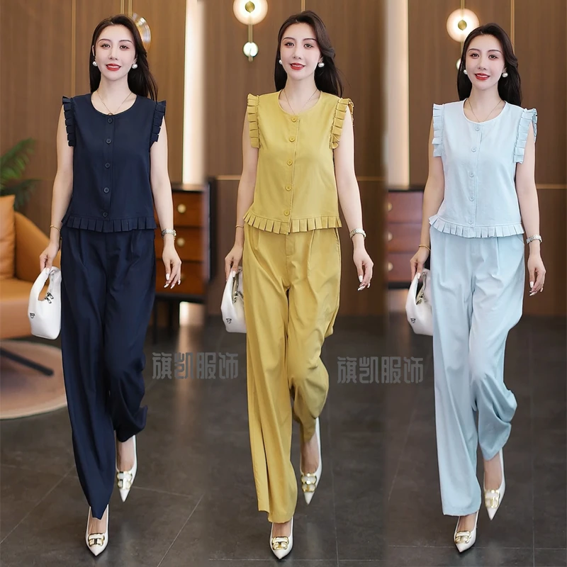 时尚无袖套装女2025夏季新款洋气减龄设计感气质上衣阔腿裤两件套
