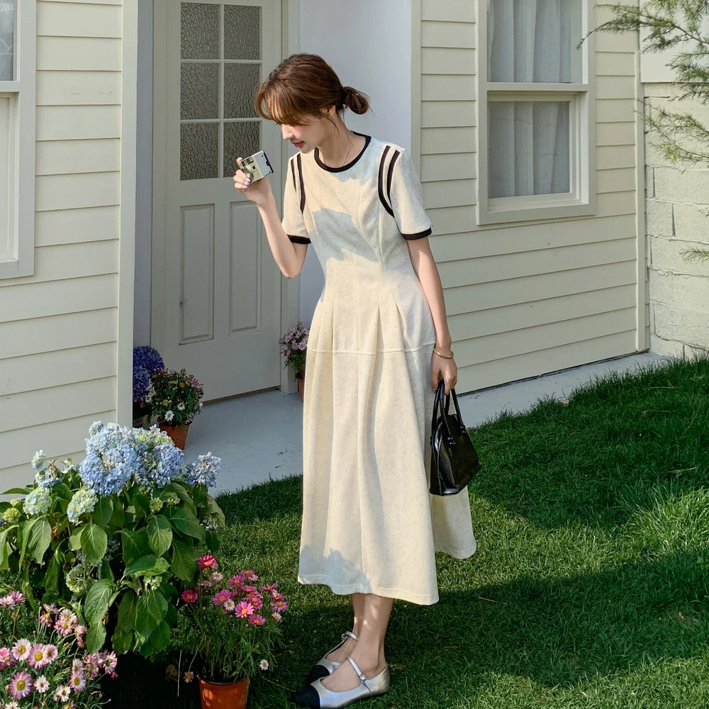 法式拼接设计感高腰显瘦茶歇裙女2025年夏季新款轻熟风A字连衣裙