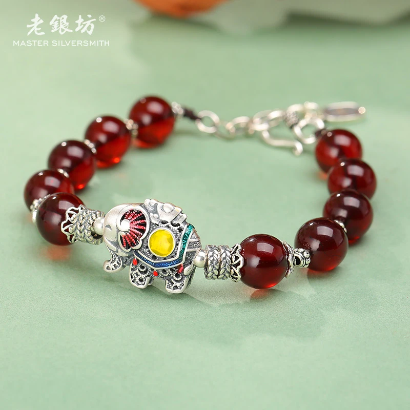 【老银坊】s925银彩象血珀圆珠手链 00331220
